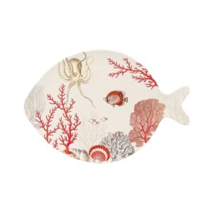 fuente de porcelana en forma de pez decorada con motivos marinos